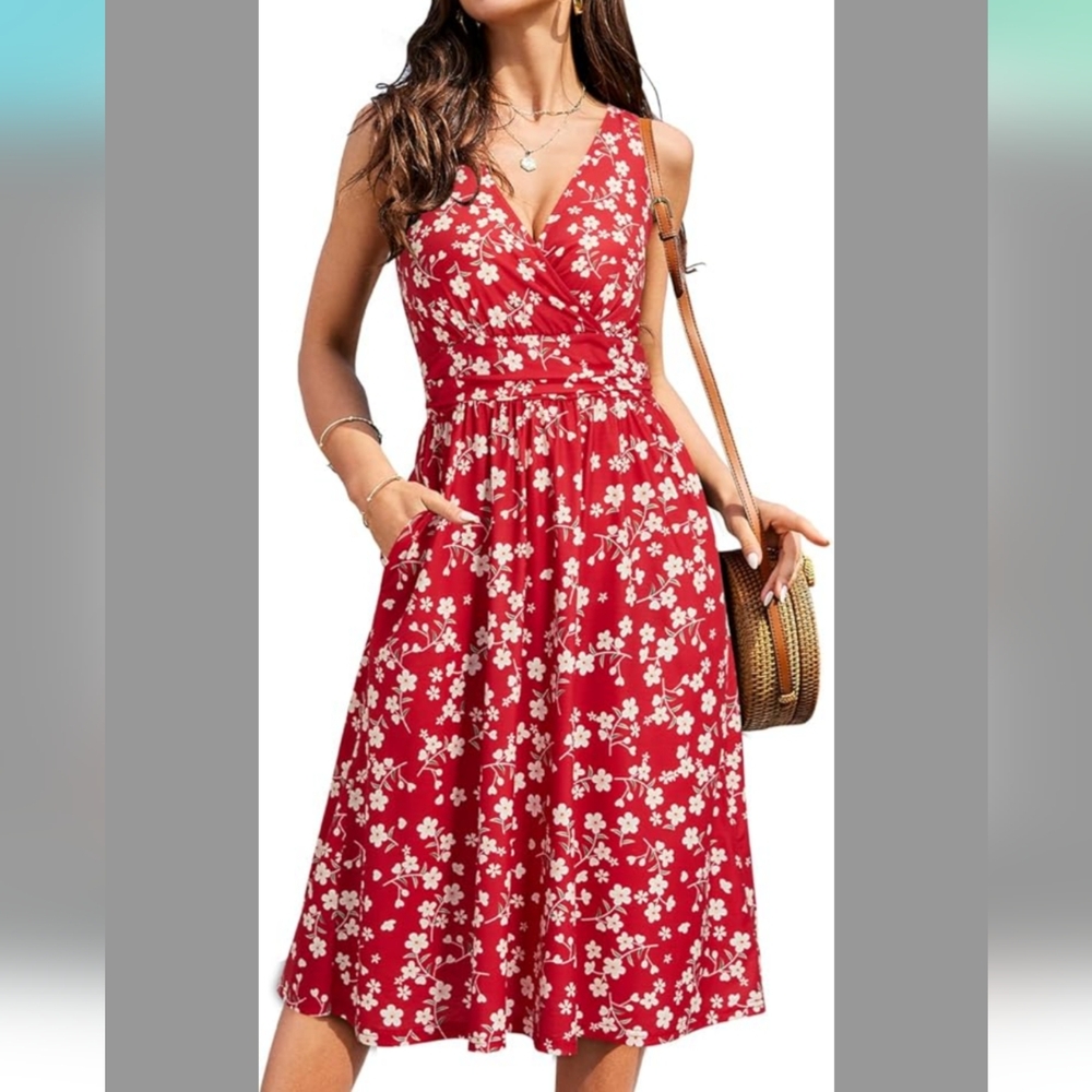 Floral Red Dress With Pockets